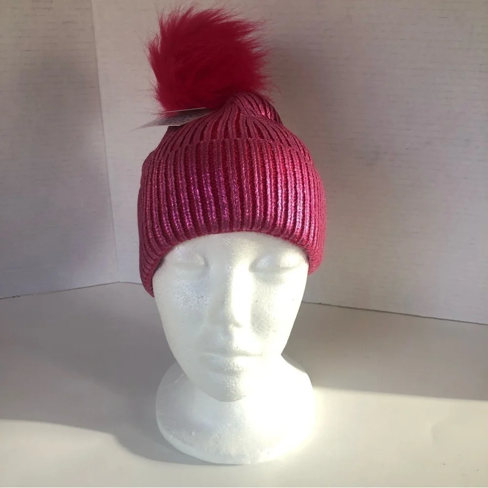 More Than Magic Girls' Ribbed Beanie Hat with Pom Metallic Pink OSFM